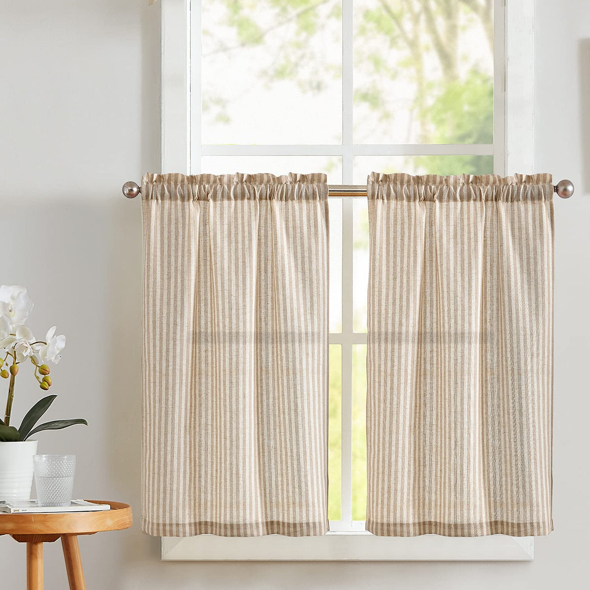 Vangao Linen Curtains for Living Room, Striped Blue Curtains 84L, 2 Panels