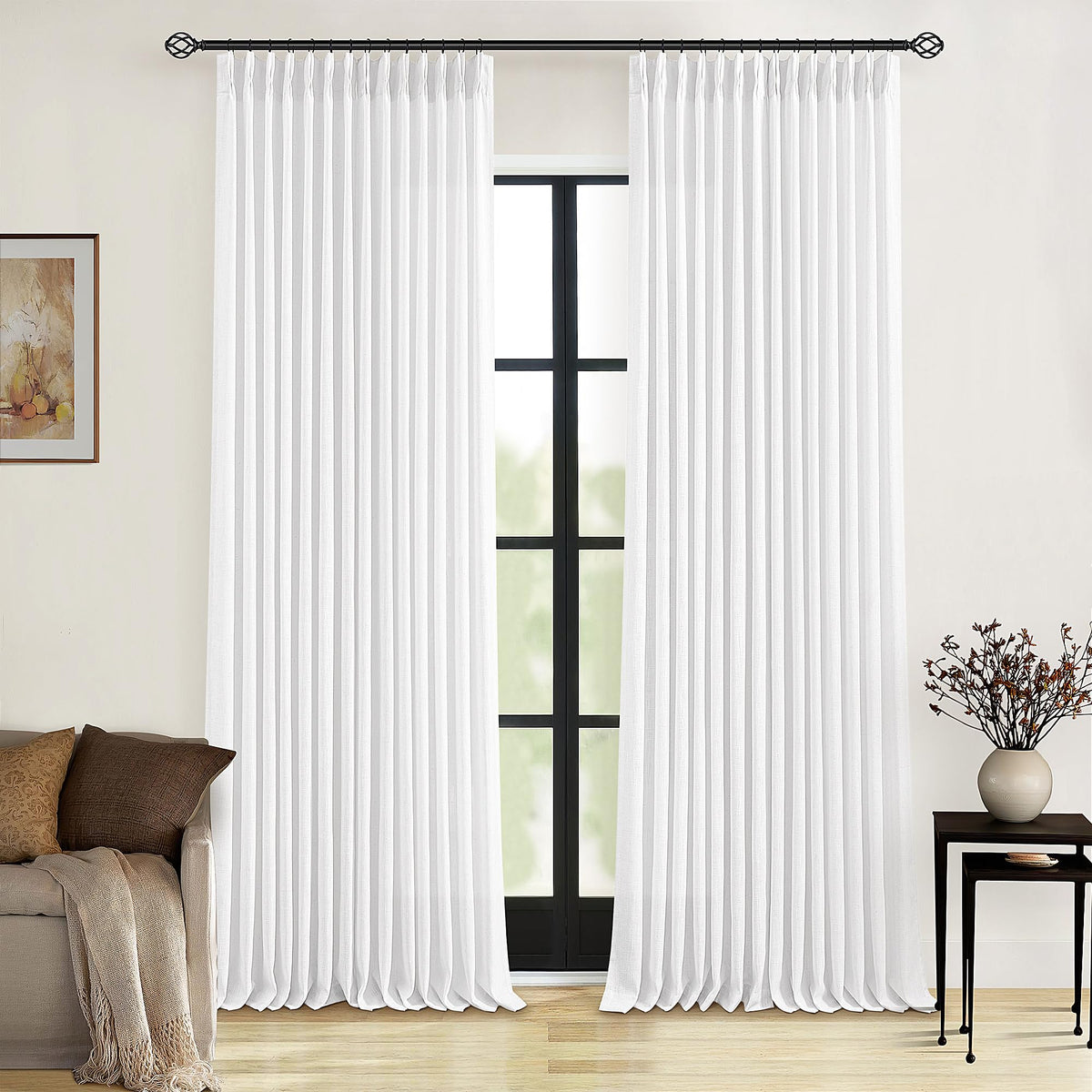 TWODRAPES Natural Pinch Pleated Linen Semi Sheer 84 Inch Curtains 2 Panels