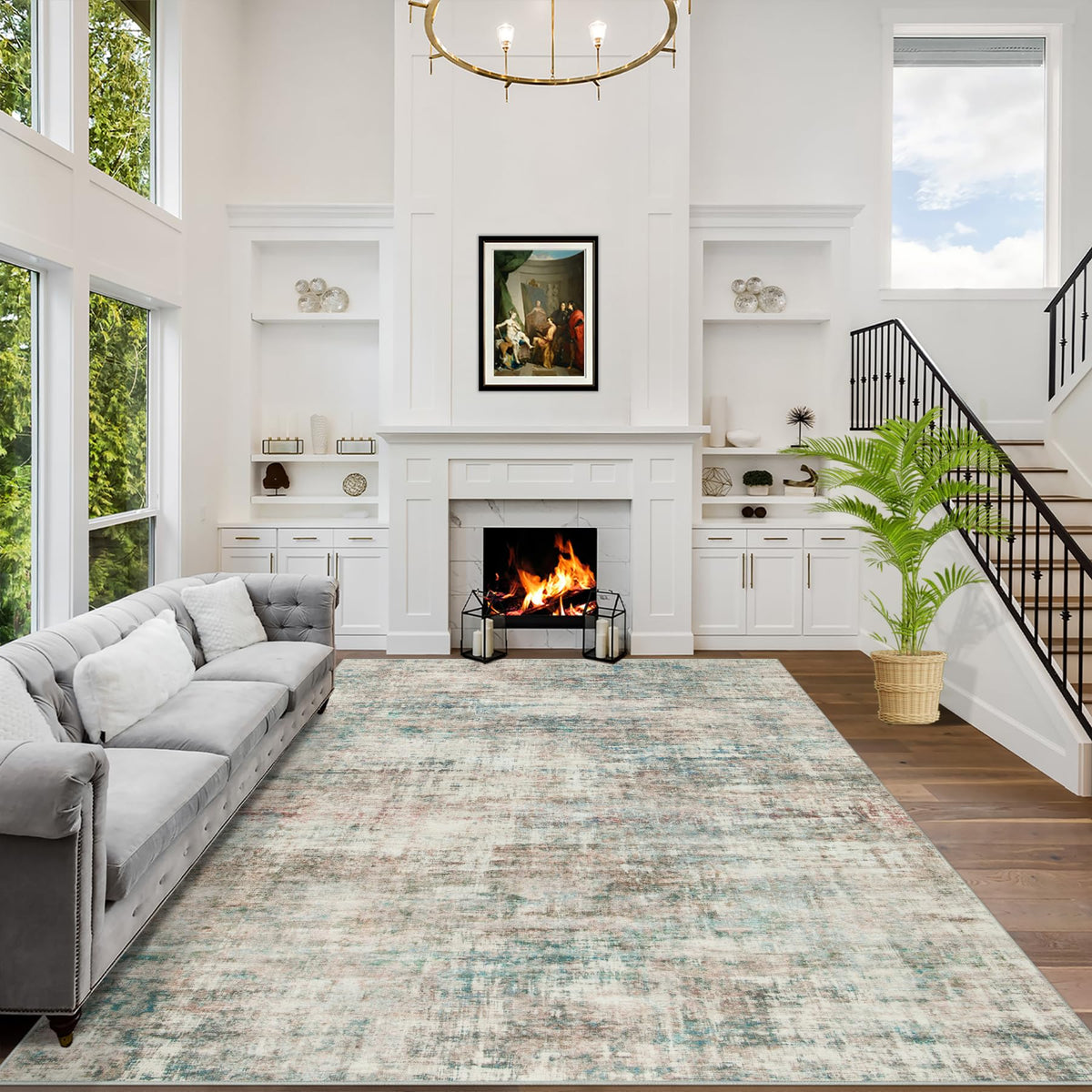 8x10 Area Rugs for Living Room: Washable Abstract Black Grey Gold Carpet