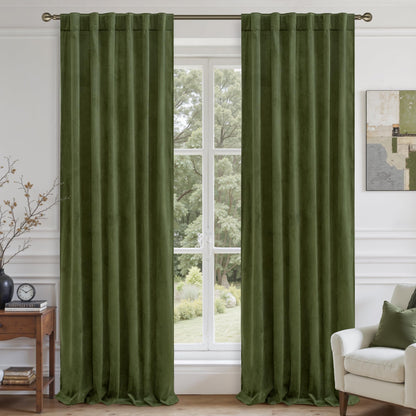 LAMIT Olive Green Velvet Curtains 84 Inch Length for Living Room, 2 Panels