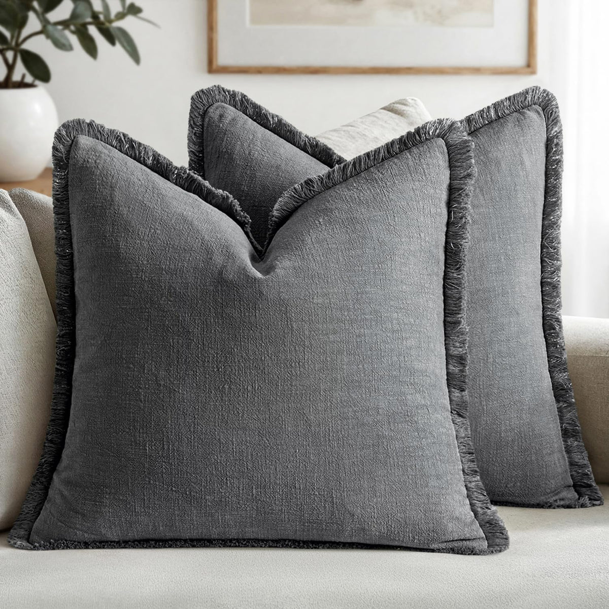 MIULEE Linen Fringe Decorative Fall Throw Pillow Covers Cocoa Brown 18x18