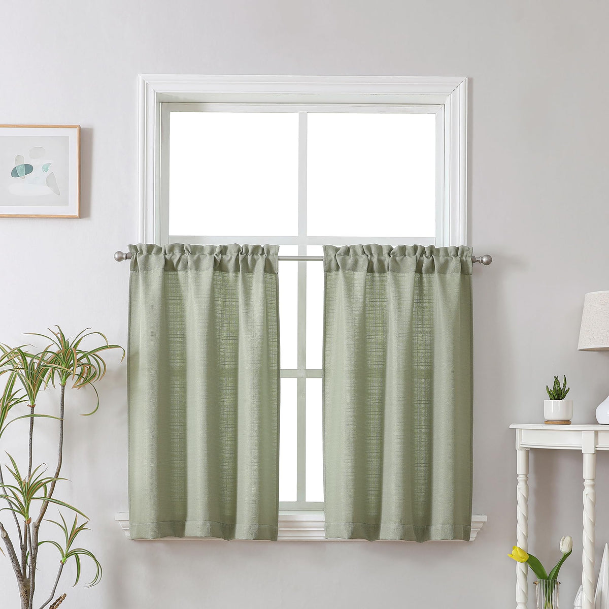 Chyhomenyc White Curtains 45 Inch Length 2 Panels, Faux Linen Textured