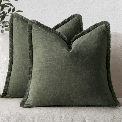 MIULEE Linen Fringe Decorative Fall Throw Pillow Covers Cocoa Brown 18x18