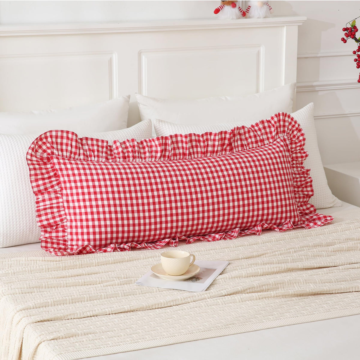 14x36 inches Sage Green Plaid Ruffle Lumbar Pillow Sham 1 Piece