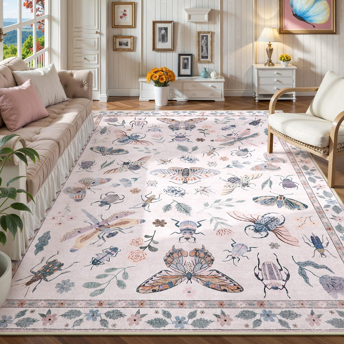 Lahome Bug Washable Area Rugs 5x7, Soft Green Rug for Living Room Bedroom