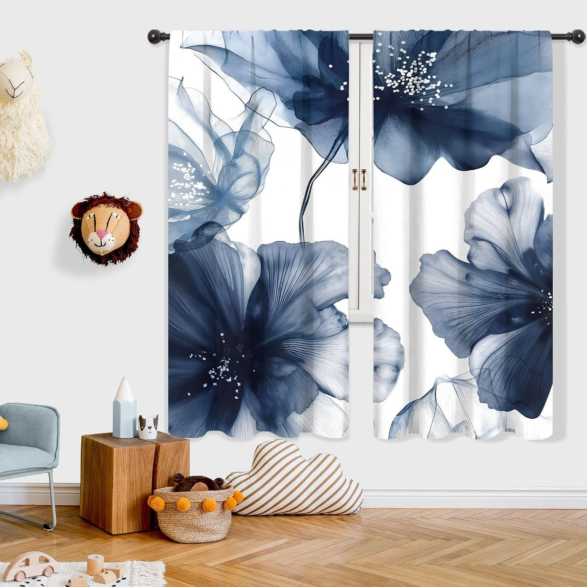 Navy Blue Floral Abstract Modern Dark Living Room Bedroom Window Curtains