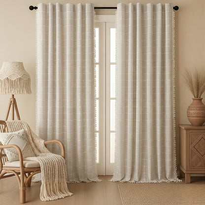 Boho 100% Blackout Curtains 84 Inch 2 Panels Linen Blend Beige