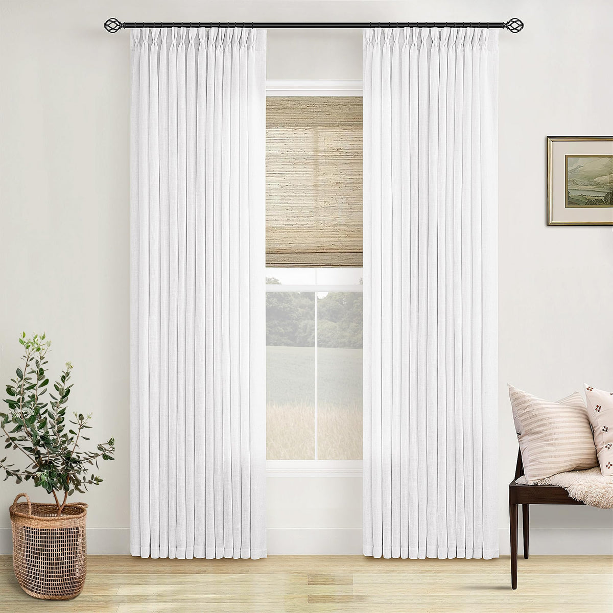 TWODRAPES Natural Pinch Pleated Linen Semi Sheer 84 Inch Curtains 2 Panels