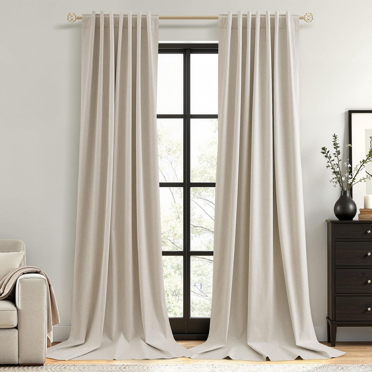 Guken Cream Linen Blackout Curtains 84 Inch Length 2 Panels Set for Living Room Bedroom Back Tab Thermal Insulated 100% Black Out Drapes Room Darkening Window Curtain Ivory Natural Beige