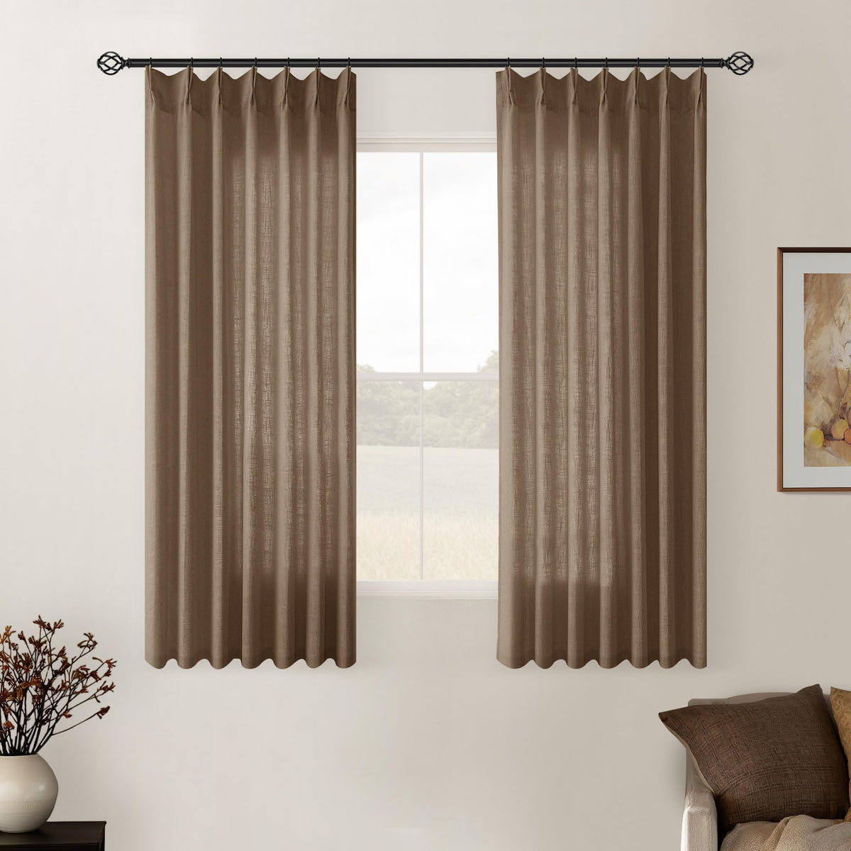 TWODRAPES Natural Pinch Pleated Linen Semi Sheer 84 Inch Curtains 2 Panels