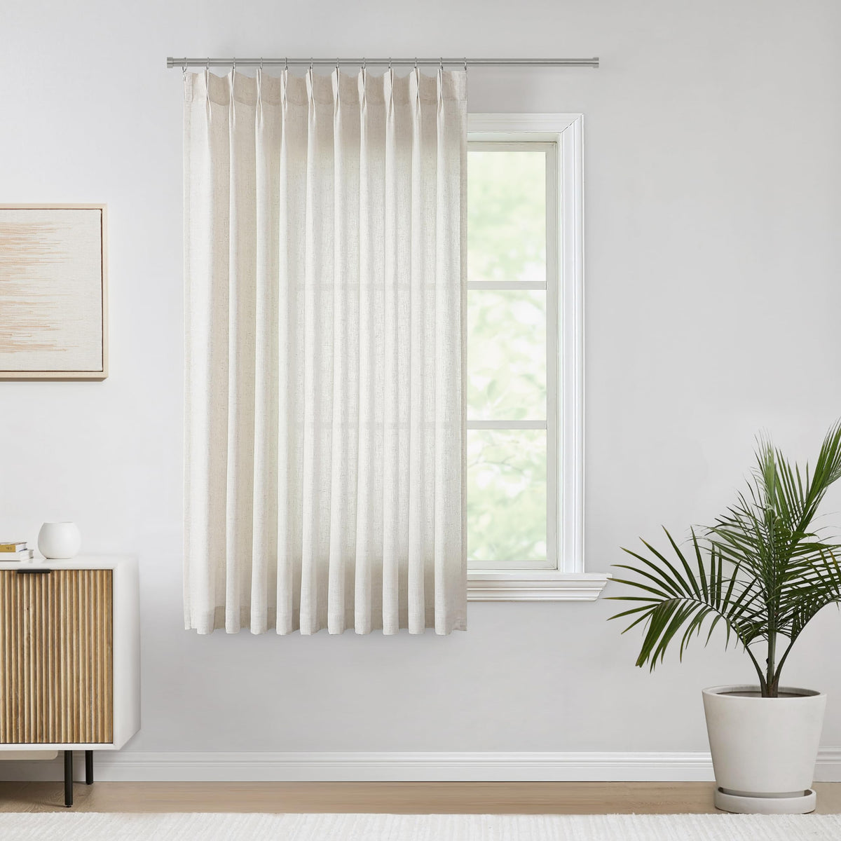 Vision Home Natural Linen Pinch Pleated Semi Sheer Curtains 42Wx90Lx2