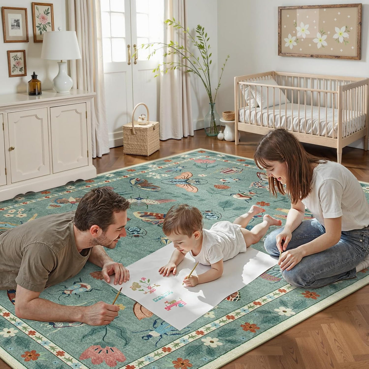 Lahome Bug Washable Area Rugs 5x7, Soft Green Rug for Living Room Bedroom