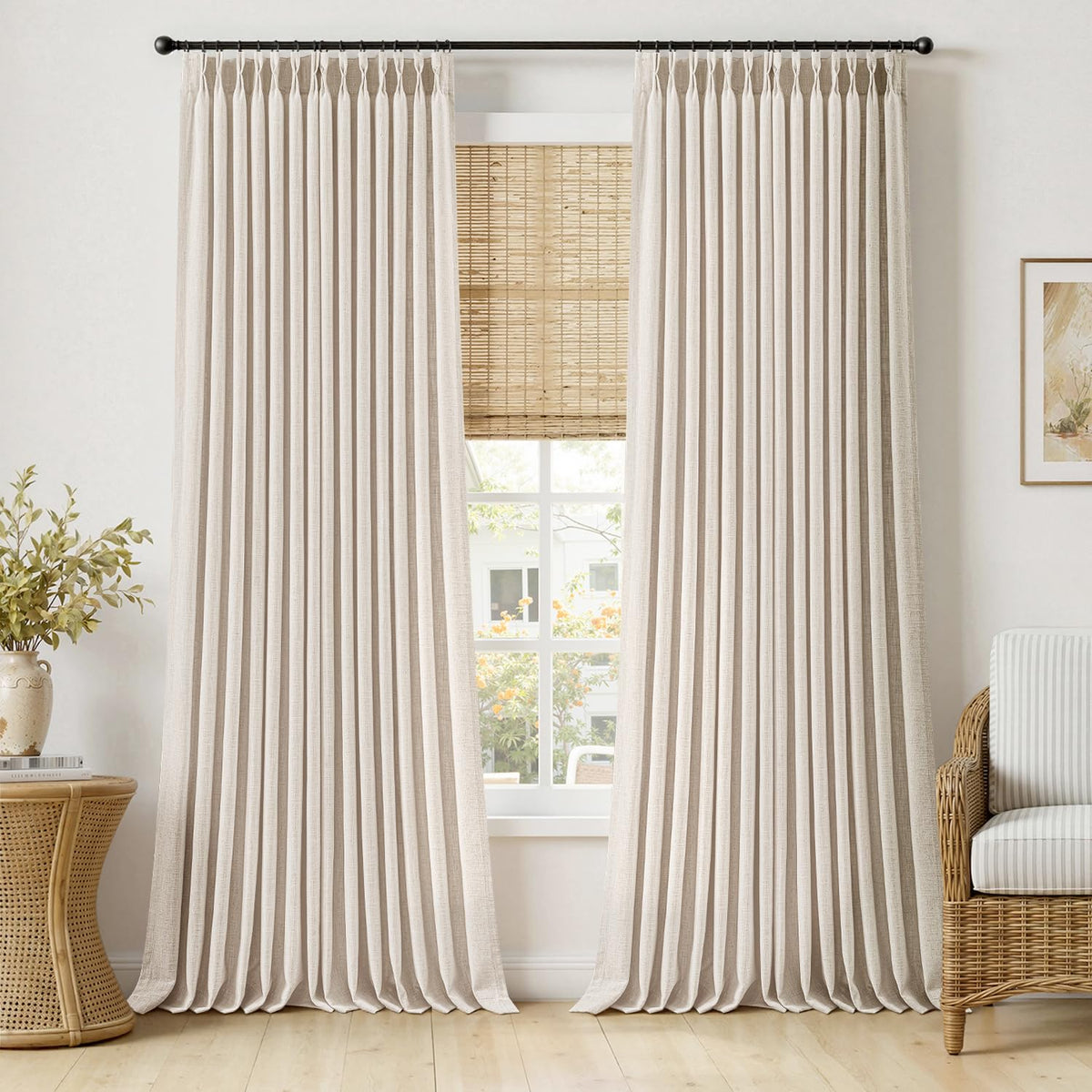 MIULEE Pinch Pleated Linen Curtains 90 Inches Long 2 Panels Natural