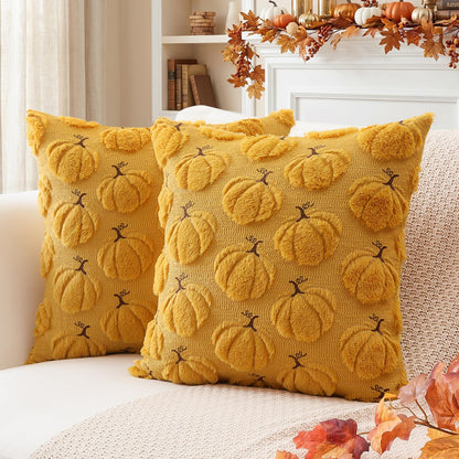 Artscope Fall Pumpkin Throw Pillow Covers 18x18 Set of 2, Autumn Soft Plush Faux Fur Decoration Cushion Covers for Thanksgiving Holiday Couch Sofa Bedroom Home Decor-Mustard Yellow