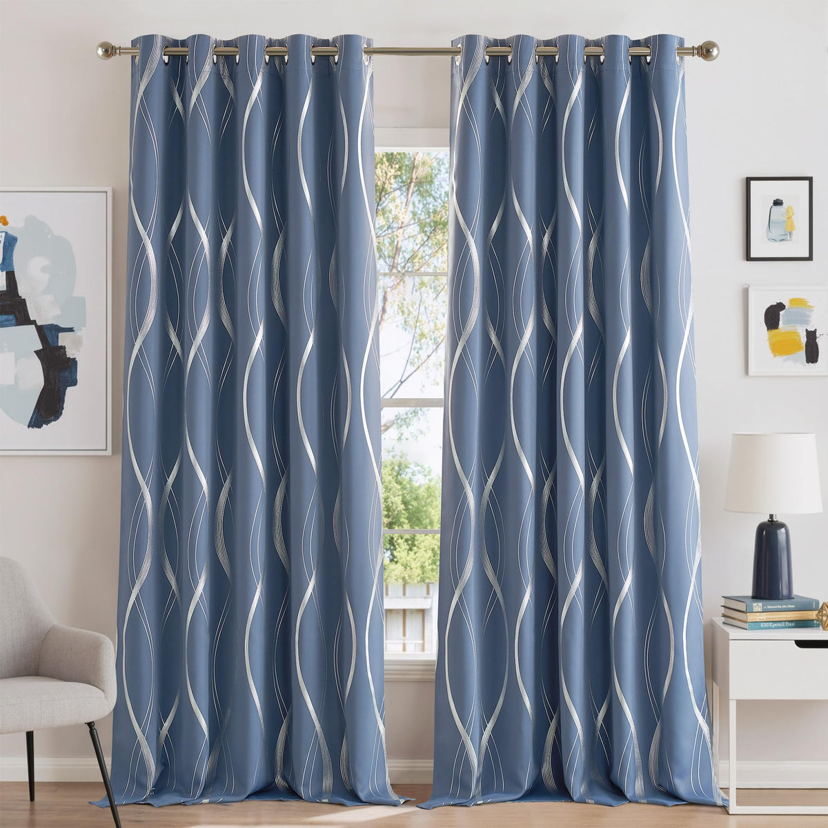 NICETOWN Grey Blackout Striped Pattern Curtains for Living Room, 52 x 84