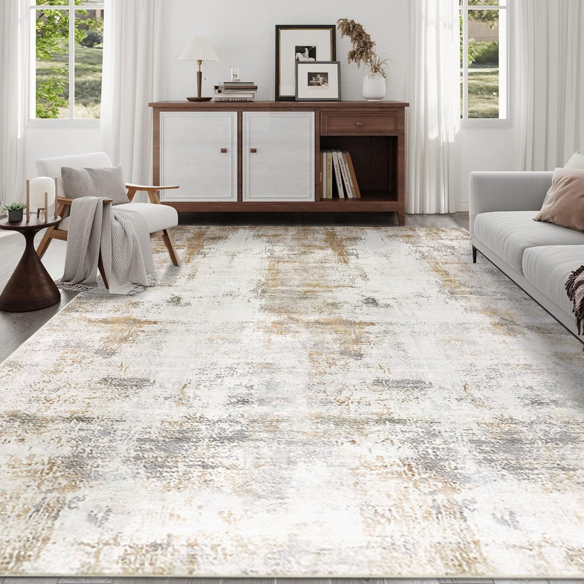 famibay 5x8 Area Rug, Abstract Washable Rugs for Living Room Low Pile Neutral Area Rug for Bedroom Aesthetic Non Slip Rubber Backed Carpet Rugs for Living Room Bedroom Dining Room(Beige/Camel)