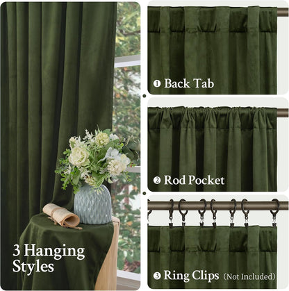 LAMIT Olive Green Velvet Curtains 84 Inch Length for Living Room, 2 Panels