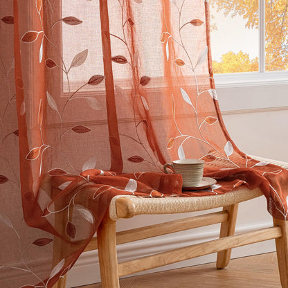 MIULEE Sage Green Sheer Curtains 2 Panels Leaf Patterned, W52 x L84