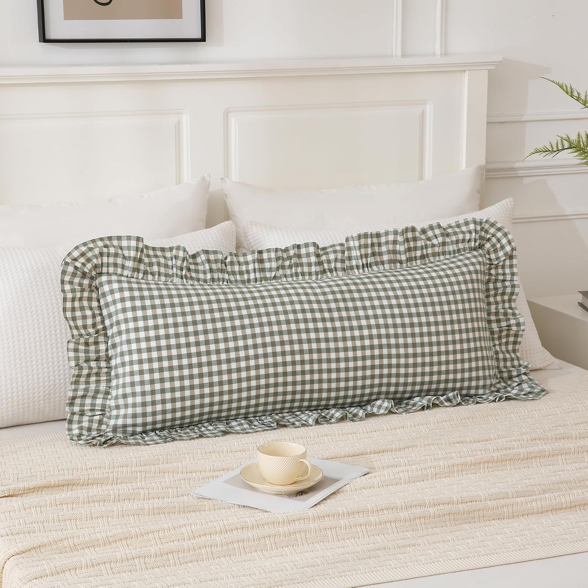 14x36 inches Sage Green Plaid Ruffle Lumbar Pillow Sham 1 Piece