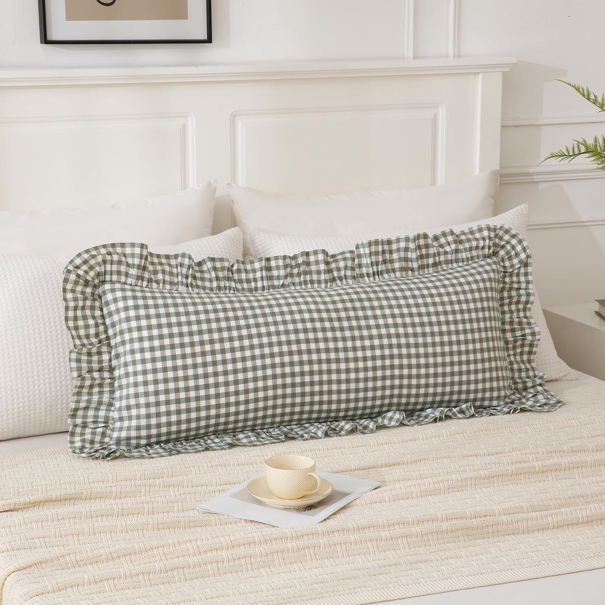 14x36 inches Sage Green Plaid Ruffle Lumbar Pillow Sham 1 Piece