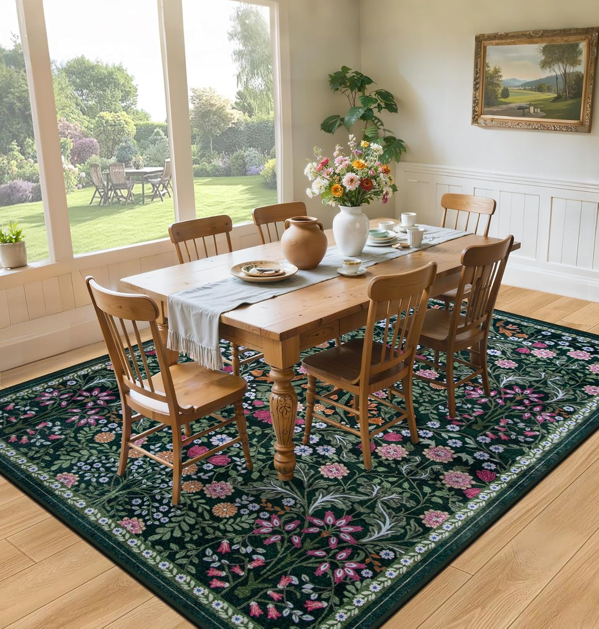 PLHXFR 8x10 Area Rug Living Room: Floral Washable Boho Carpet Dark Green