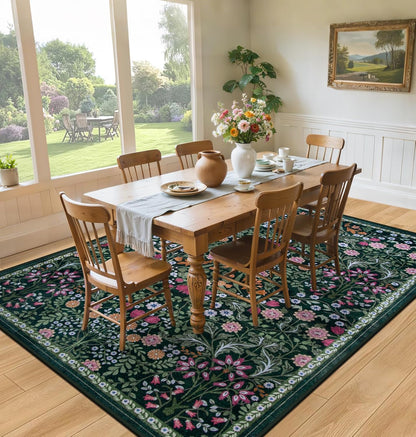 PLHXFR 8x10 Area Rug Living Room: Floral Washable Boho Carpet Dark Green