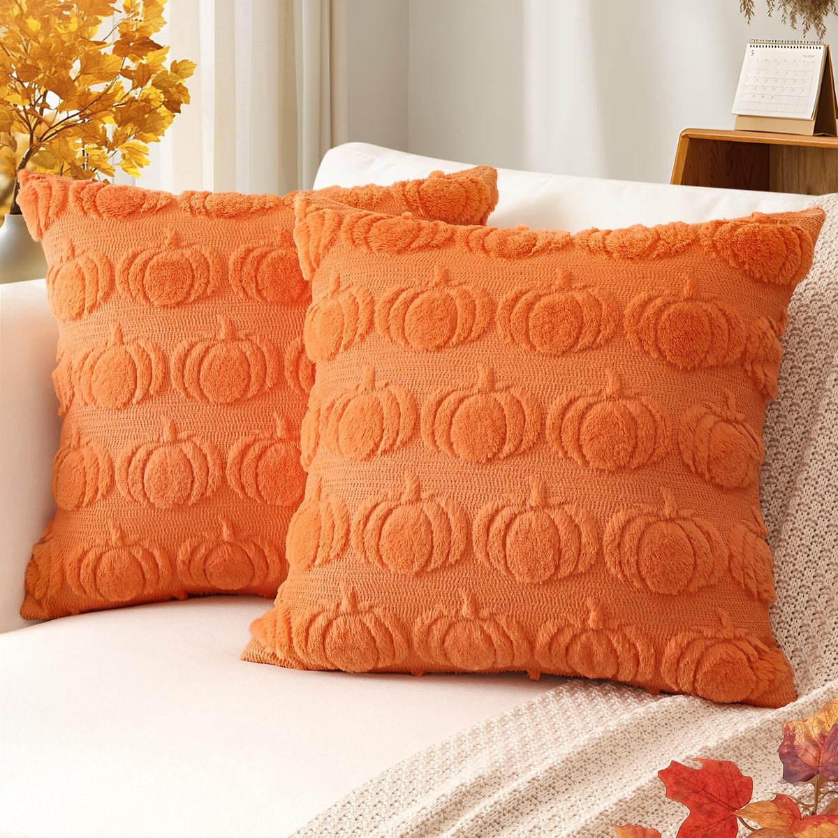 Artscope Fall Pillow Covers 18 x 18 Set of 2 Decorative Autumn Harvest Holiday Pumpkin Throw Pillow Cases Soft Plush Faux Fur Couch Cushion Case for Farmhouse Halloween Sofa Bed Room Home Decor-Rust