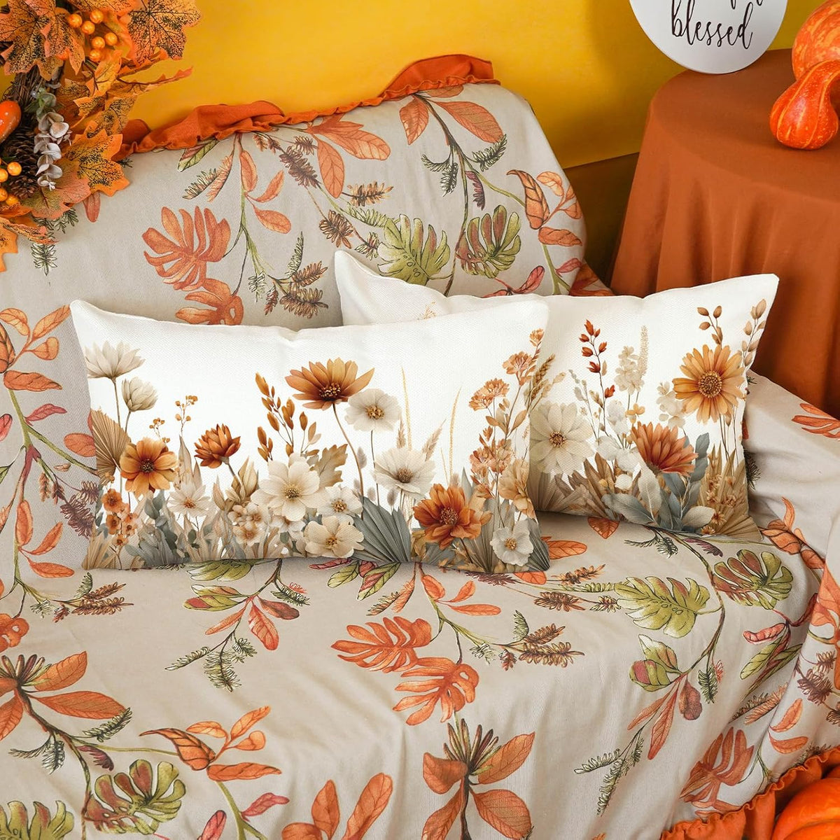 ONWAY Fall Floral Pillow Covers 12x20 Set of 2 Farmhouse Orange Decorative