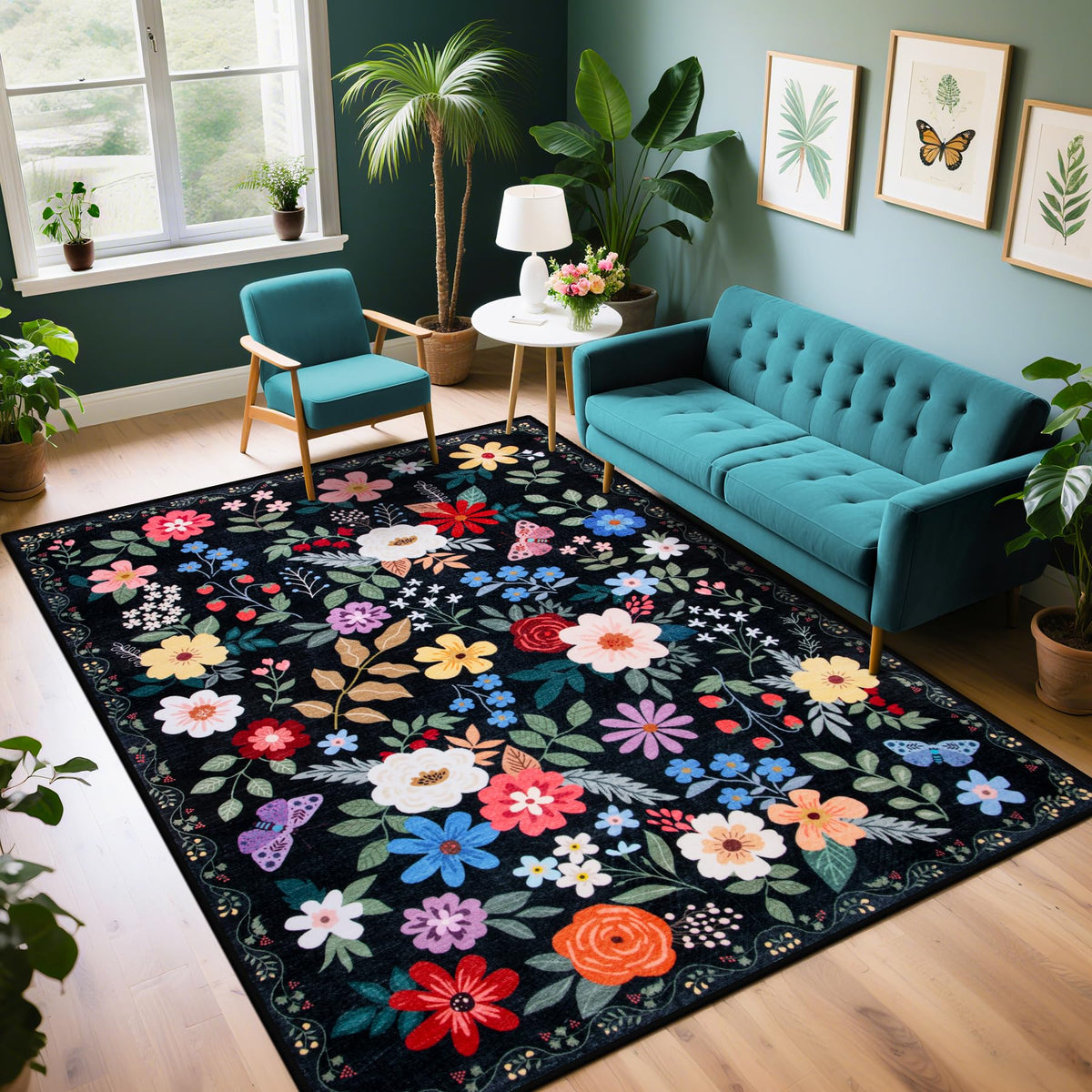 PLHXFR 8x10 Area Rug Living Room: Floral Washable Boho Carpet Dark Green
