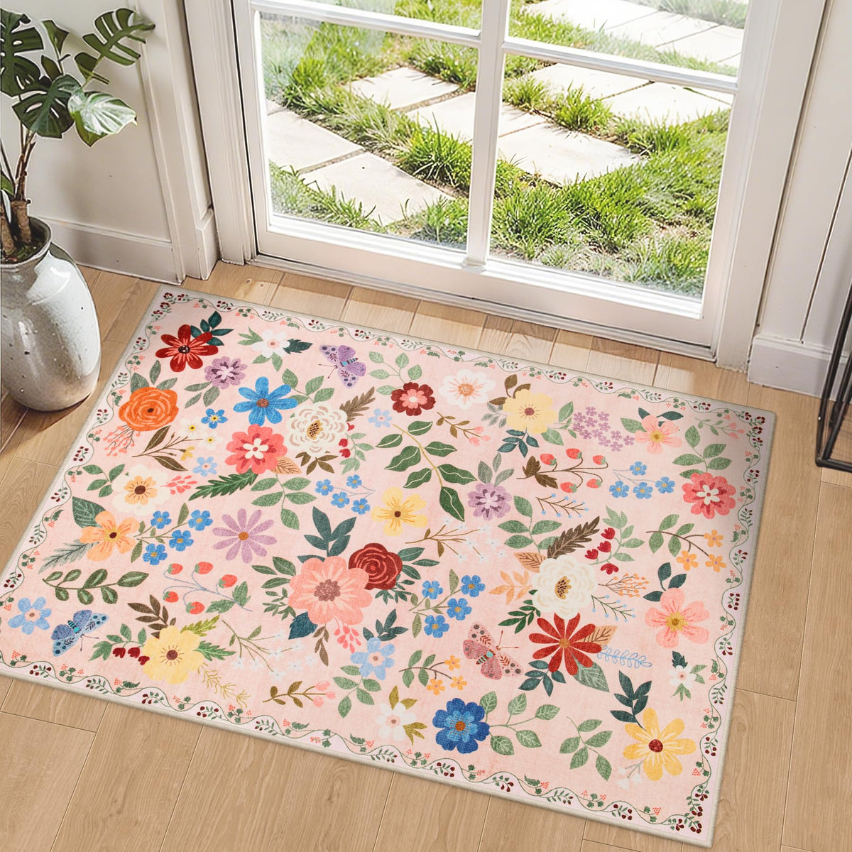 PLHXFR 8x10 Area Rug Living Room: Floral Washable Boho Carpet Dark Green