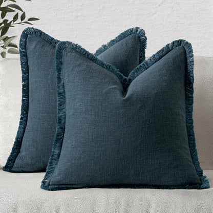 MIULEE Linen Fringe Decorative Fall Throw Pillow Covers Cocoa Brown 18x18