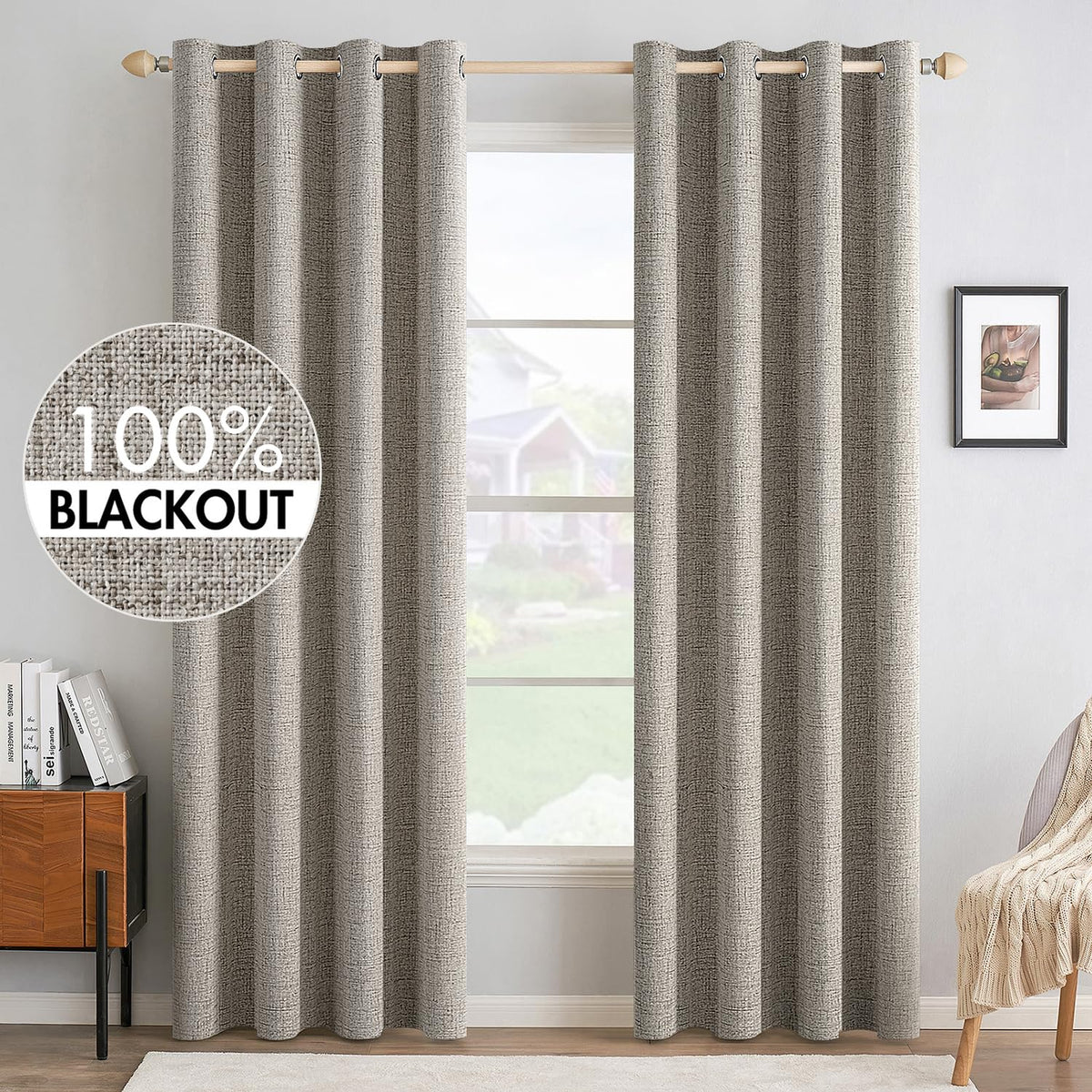 MIULEE 100% Blackout Linen Curtains for Bedroom 52x84 Inches Natural Beige
