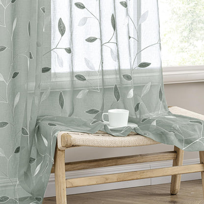 MIULEE Sage Green Sheer Curtains 2 Panels Leaf Patterned, W52 x L84