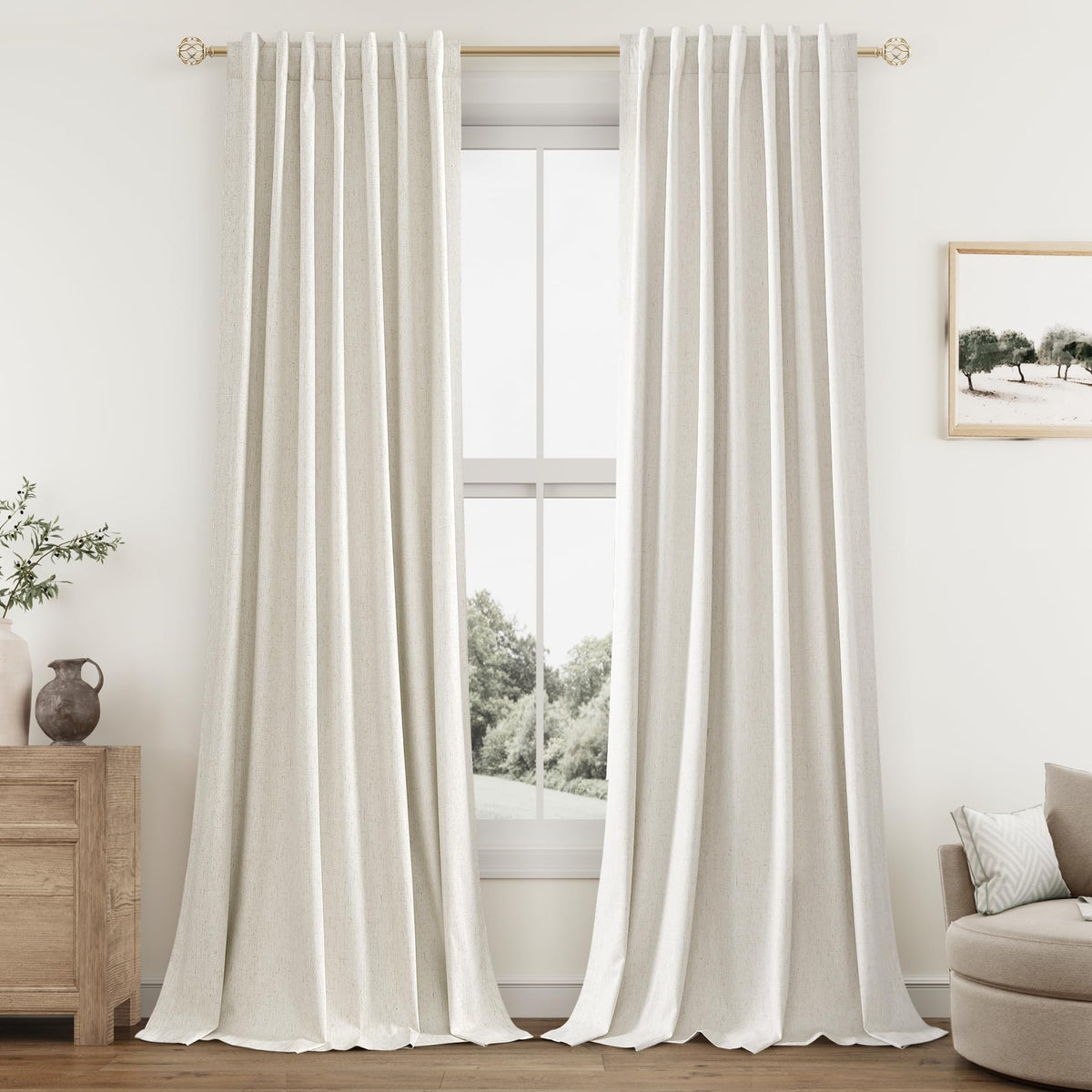 Guken Cream Linen Blackout Curtains 84 Inch Length 2 Panels Set for Living Room Bedroom Back Tab Thermal Insulated 100% Black Out Drapes Room Darkening Window Curtain Ivory Natural Beige