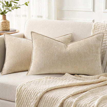 decorUhome Chenille Beige Velvet Throw Pillow Covers 18x18 Set of 2