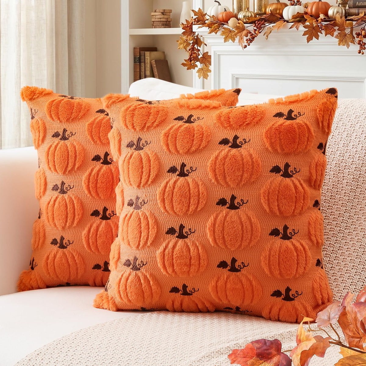 Artscope Fall Pumpkin Throw Pillow Covers 18x18 Set of 2, Autumn Soft Plush Faux Fur Decoration Cushion Covers for Thanksgiving Holiday Couch Sofa Bedroom Home Decor-Mustard Yellow