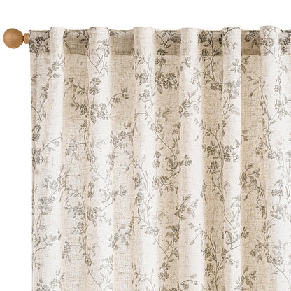 Lazzzy Taupe Vintage Floral Linen Curtains Farmhouse 50W X 84L 2 Panels