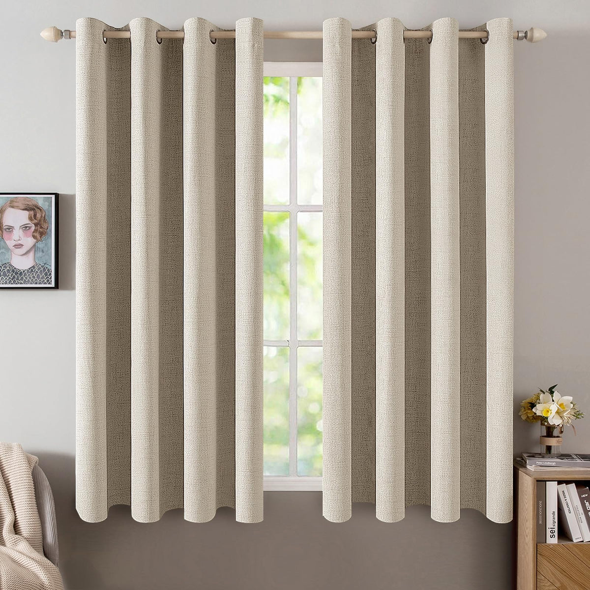 MIULEE 100% Blackout Linen Curtains for Bedroom 52x84 Inches Natural Beige