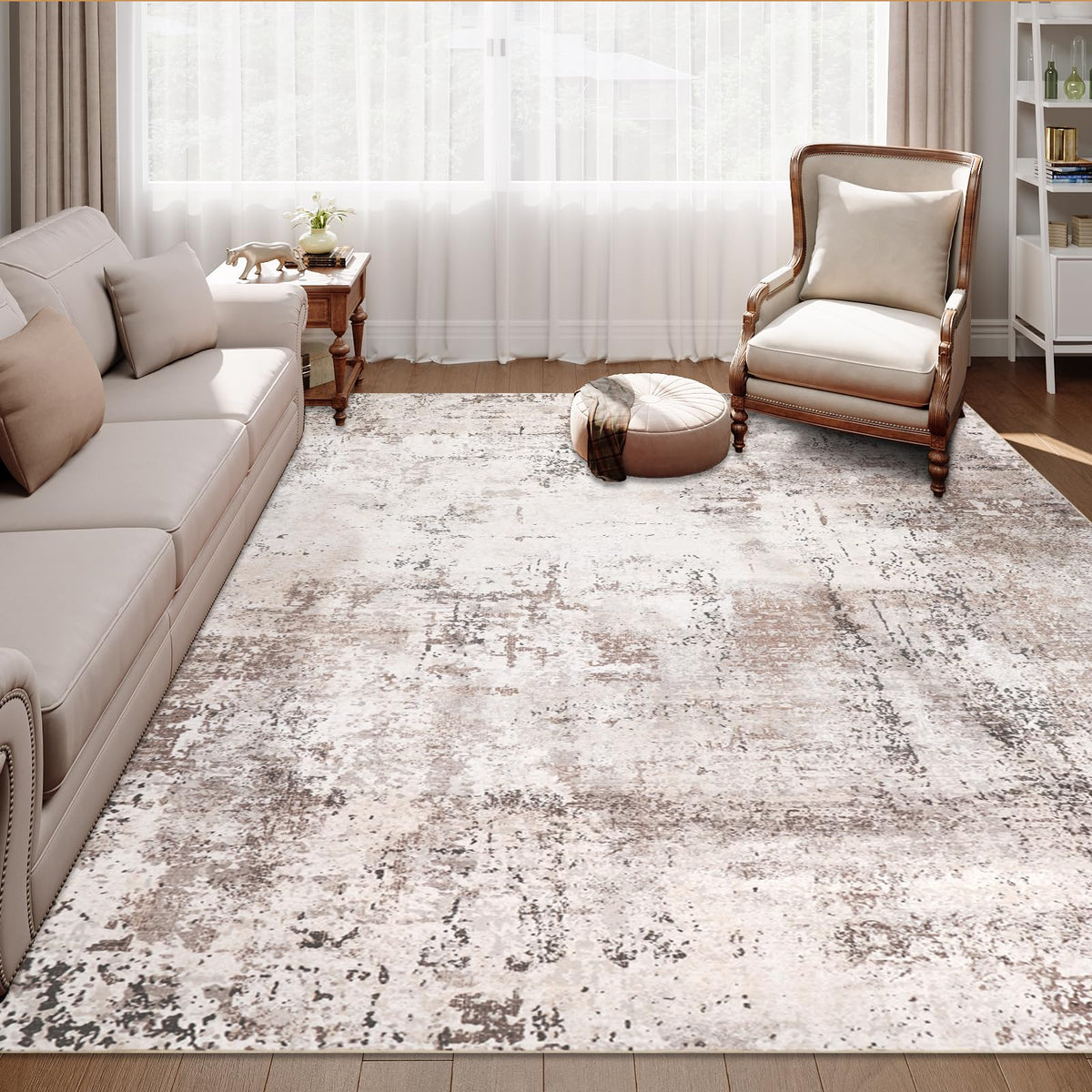 famibay 5x8 Area Rug, Abstract Washable Rugs for Living Room Low Pile Neutral Area Rug for Bedroom Aesthetic Non Slip Rubber Backed Carpet Rugs for Living Room Bedroom Dining Room(Beige/Camel)