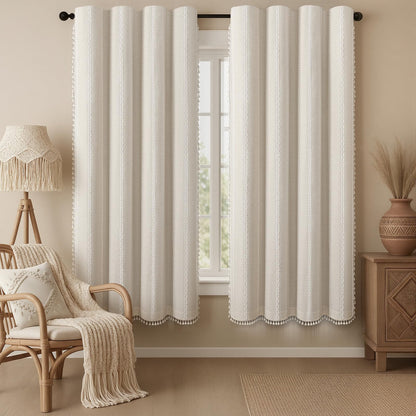 Boho 100% Blackout Curtains 84 Inch 2 Panels Linen Blend Beige
