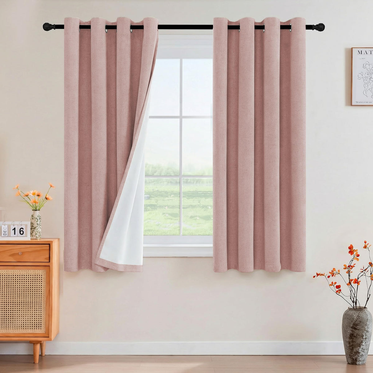 PrinceDeco Natural Linen Curtains 100% Blackout Linen Curtains for Bedroom Full Blackout Curtains 84 Inches Long Living Room Thermal Insulated Light Blocking Curtain Drapes White Backing, 2 Panels