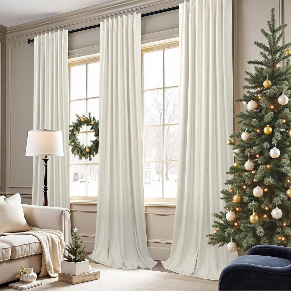 100% Blackout Curtains 84 Inch Length 2 Panels Set Neutral Boho Linen Farmhouse for Bedroom Windows Living Room Darkening Thermal Insulated Drapes Natural Cream Ivory 7ft Long Back Tab Pleated Pocket
