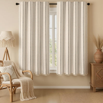 Boho 100% Blackout Curtains 84 Inch 2 Panels Linen Blend Beige