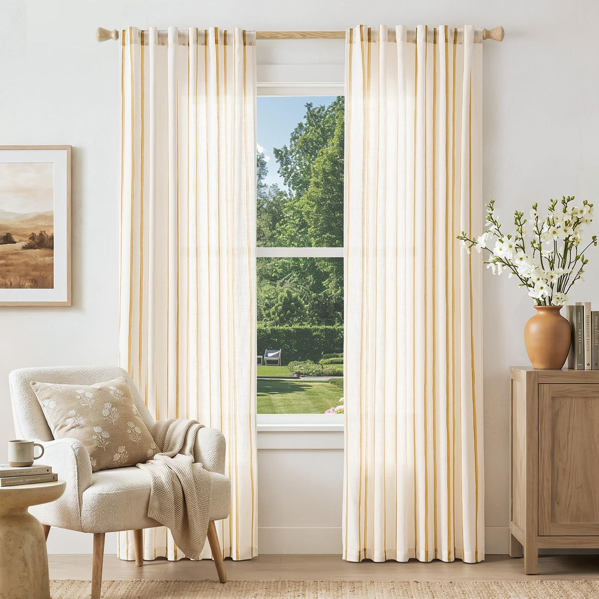 Vangao Linen Curtains for Living Room, Striped Blue Curtains 84L, 2 Panels
