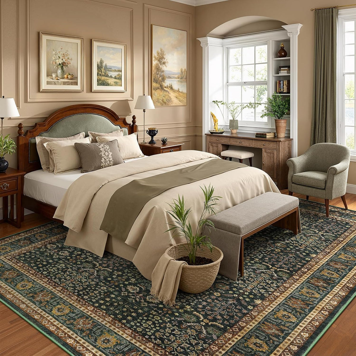 Lofus 9x12 Washable Area Rug for Living Room, Non-Slip Green Boho Carpet