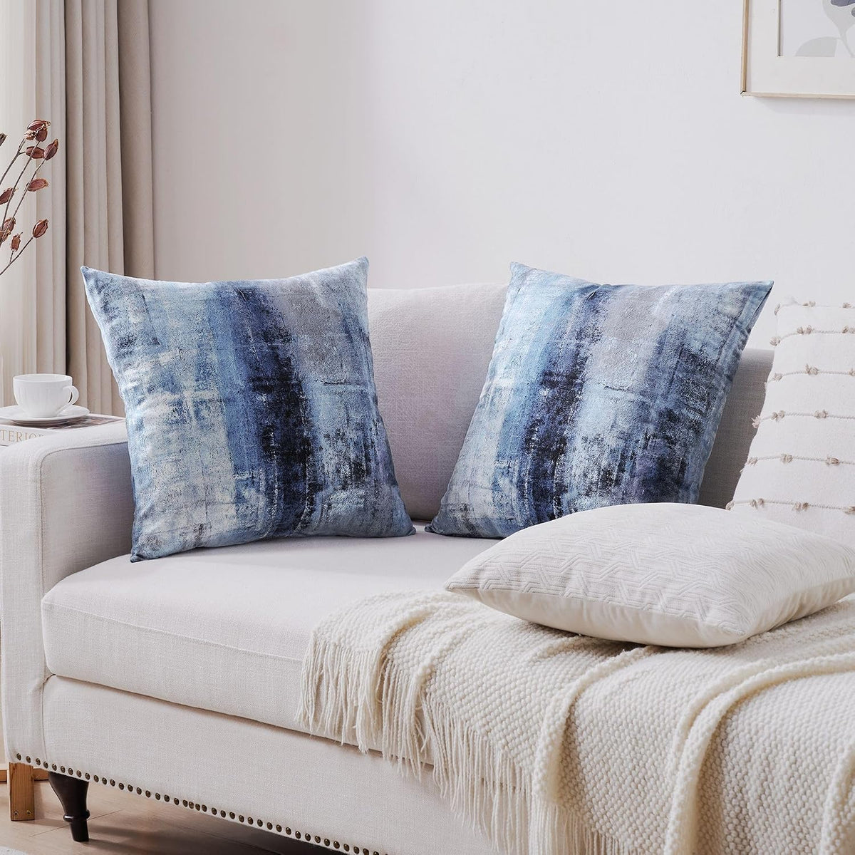 Blue and Grey Abstract Art Artwork Pillow Cover, Gallery Modern Decorative Throw Pillows Cushion Cover for Bedroom Sofa Living Room 18 x 18 Inch Set of 2