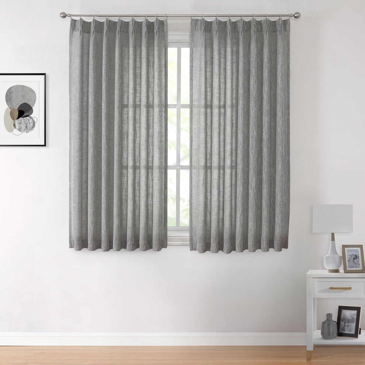 Vision Home Natural Linen Pinch Pleated Semi Sheer Curtains 42Wx90Lx2