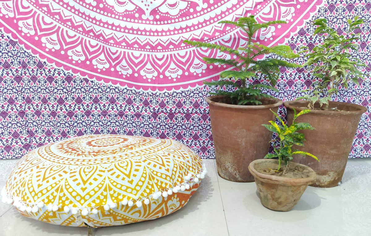 24" Black Gold Flower Mandala Barmeri Large Floor Pillow Cover Cushion Meditation Seating Ottoman Throw Cover Hippie Decorative Zipped Bohemian Pouf Ottoman Pom Pom Cases 24 " square