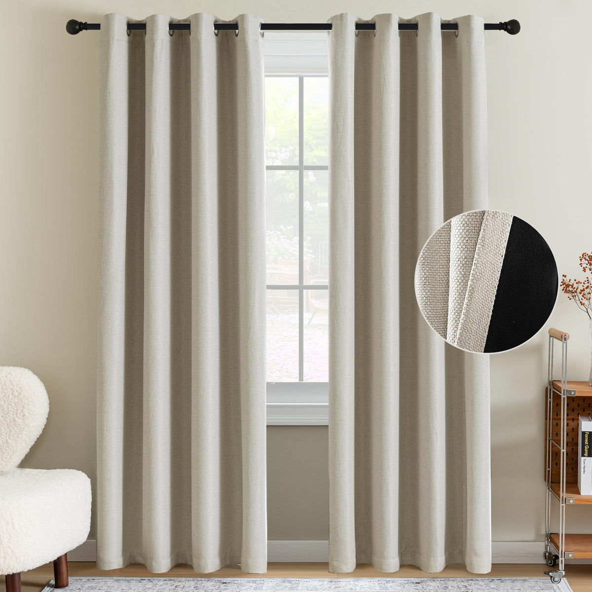 H.VERSAILTEX Linen Blackout Curtain 84 Inches Long for Bedroom/Living Room Thermal Insulated Grommet Linen Look Curtain Drapes Primitive Textured Burlap Effect Window Drapes 1 Panel - Heather Ivory