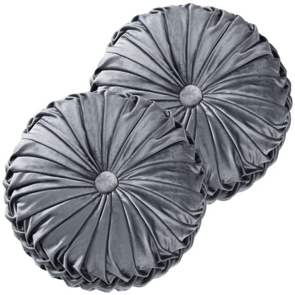 HIG Set of 2 Beige Velvet Decorative Round Pleated Throw Pillows